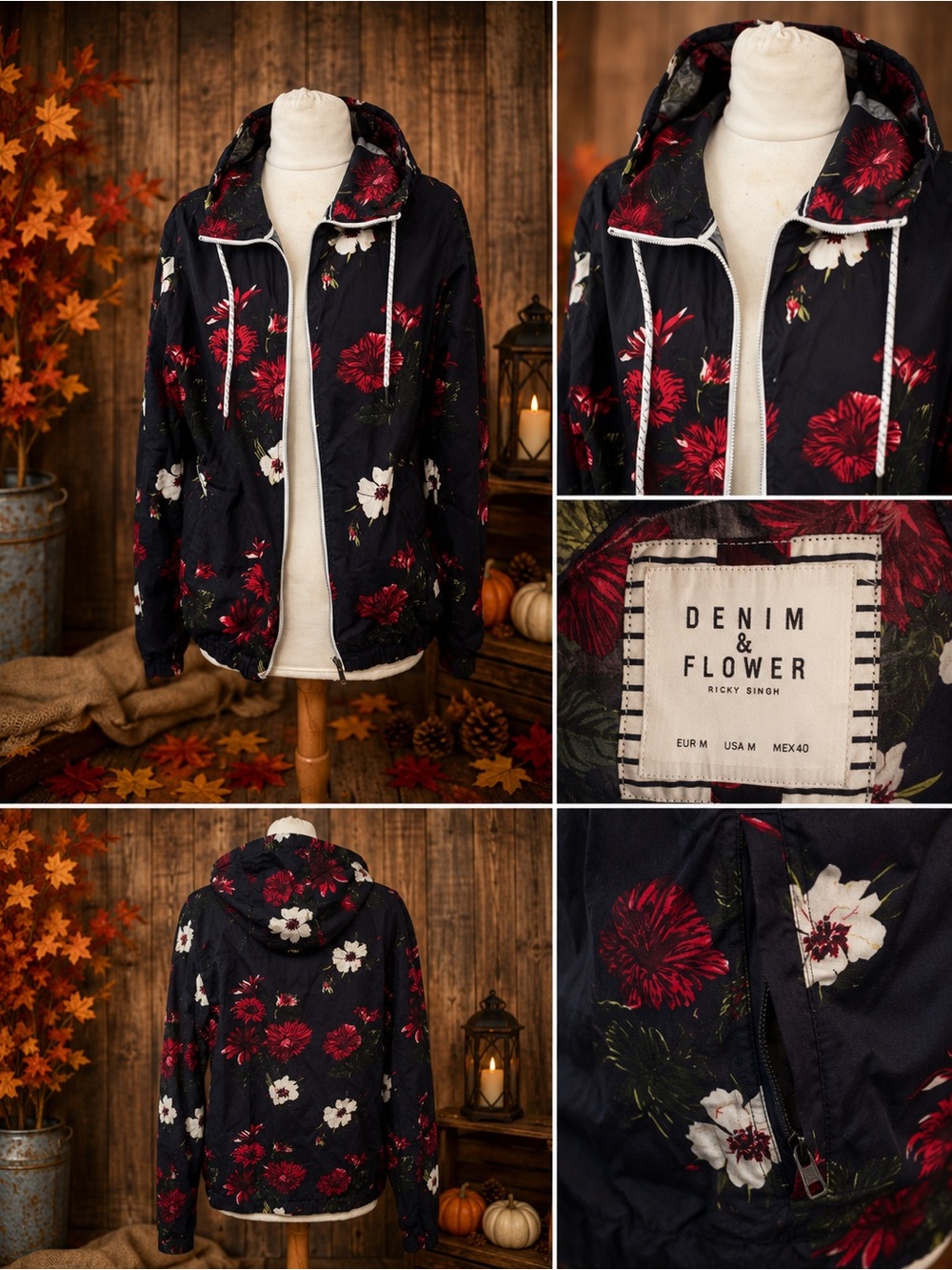 Denim & Flower Black Floral Hooded Bomber Jacket with Red & White Flowers med